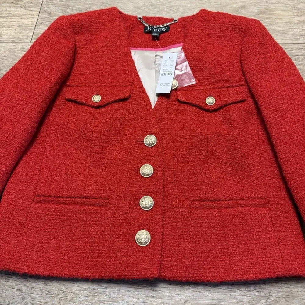 J. Crew V-Neck Lady Jacket in Maritime Tweed Festival Red NWT Size 0 BV211 - Picture 5 of 14